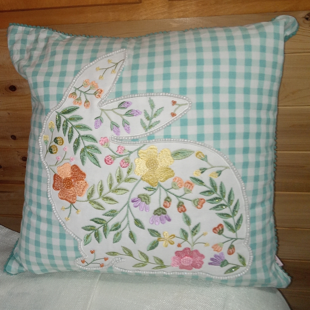 Bunny boulevard blue gingham beaded embroidered easter bunny retro throw pillow